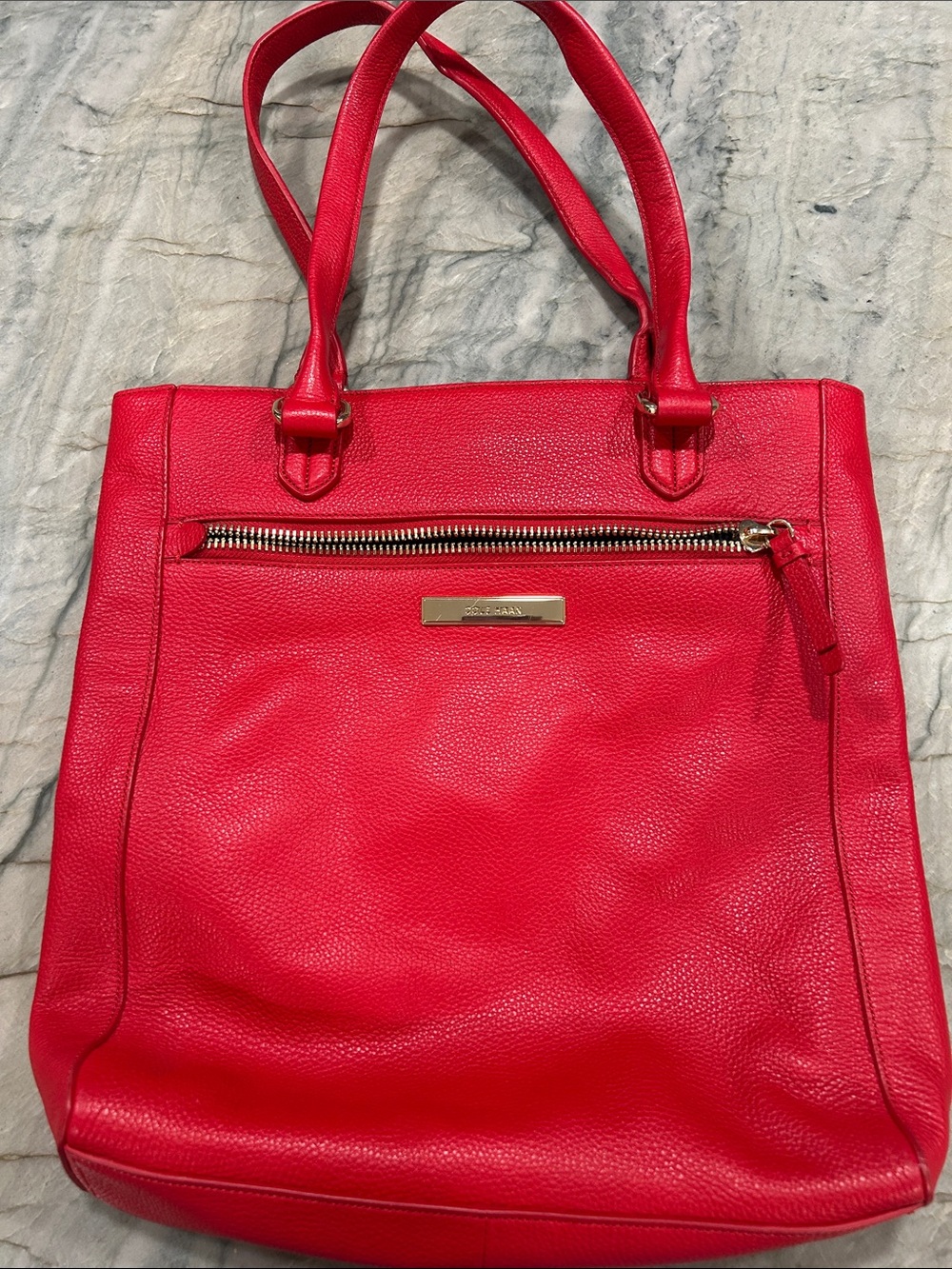 Cole Haan Red Leather Tote with Front Zip Pocket and Gold Accent